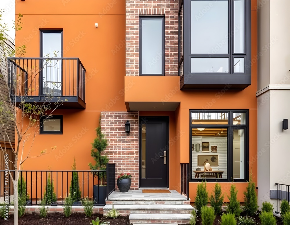 Fototapeta premium Contemporary urban home with stucco walls, exposed brick, and metal railings, blending warmth and modernity