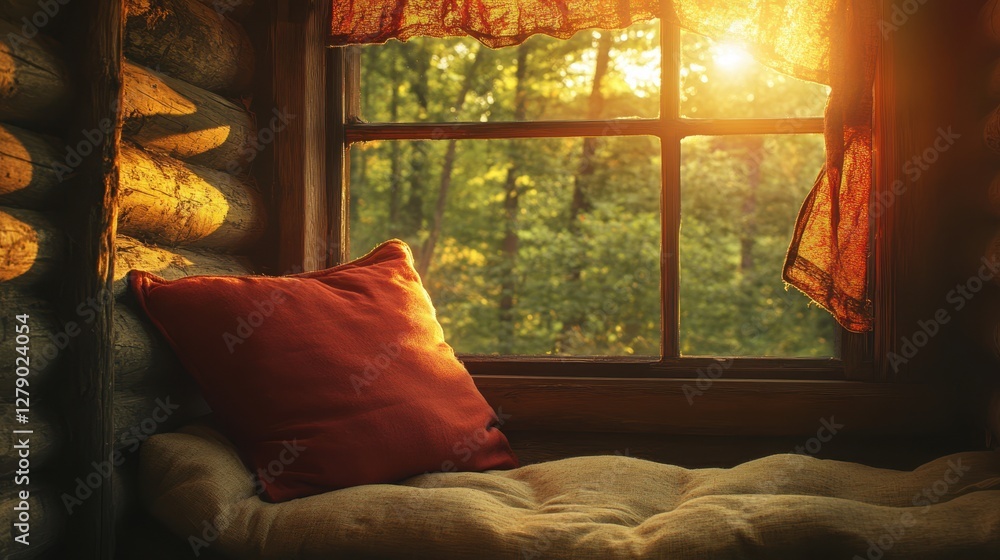 Fototapeta premium Arafed window featuring a vibrant red pillow and a charming window sill, creating a cozy and inviting atmosphere in the room.