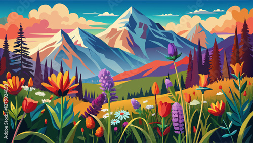 Tall colorful wild flowers in front of mountain range outlook in Banff National Park Canada