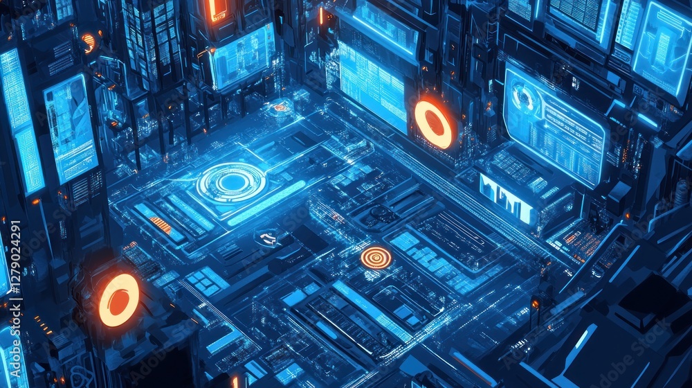 Futuristic digital interface with glowing screens and circuits. Futuristic digital interface with glowing screens and circuits.