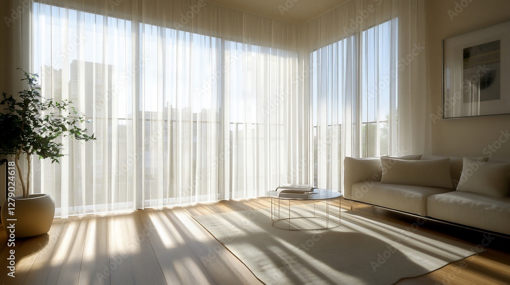Fototapeta premium Sunlit modern living room with sheer curtains, sofa, and hardwood floors.