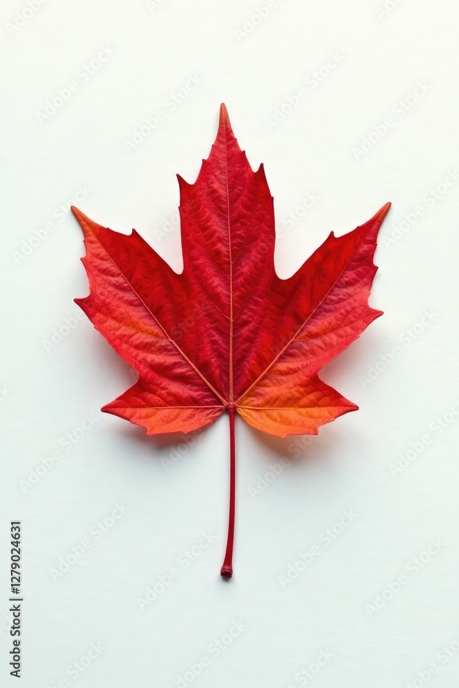 A solitary crimson autumn leaf floats on a soft white background, single leaf, autumn leaf isolation