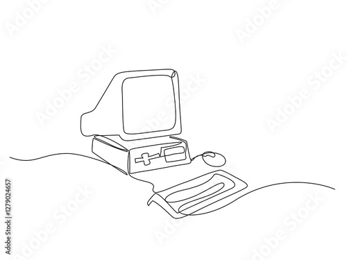 Continuous one line drawing of a vintage computer set with a monitor, keyboard, and mouse. Minimalist retro technology concept, symbolizing nostalgia, innovation, and digital history. Editable stroke