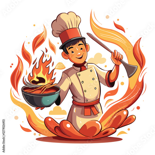 A chef expertly flips food in a blazing wok, fiery flames erupting;  ink wash painting style.
