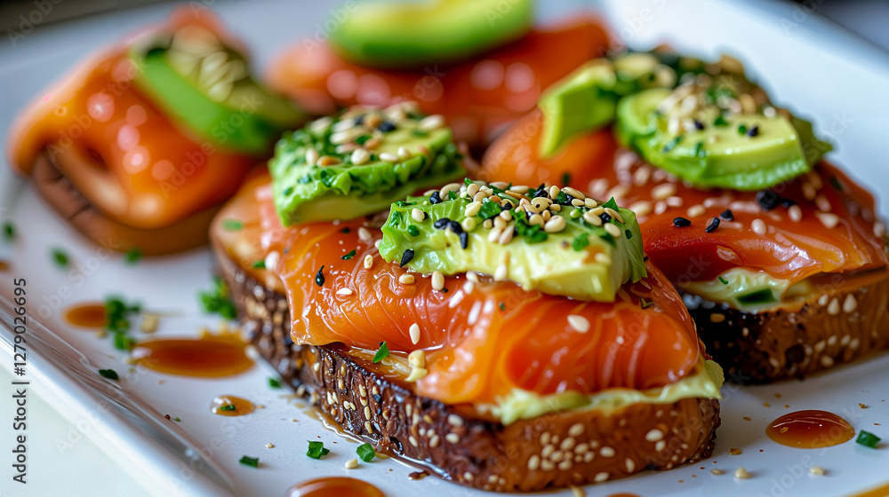 Slices of fresh salmon topped with avocado slices and garnished with chopped herbs on a piece of dark bread Slices of fresh salmon topped with avocado slices and garnished with chopped herbs on a piece of dark bread