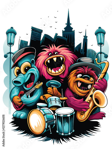 A vibrant illustration of whimsical monsters playing musical instruments together, featuring a prominent 'V' symbol; playful, colorful, and energetic band.