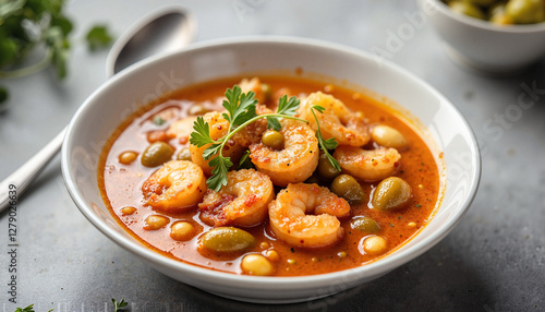 Chupe de camarones soup with shrimp, olives, and beans garnished with cilantro in a white bowl
 photo