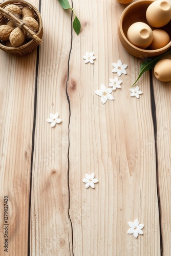 Rustic Easter still life featuring eggs, walnuts, and delicate white flowers on a wooden backdrop.
