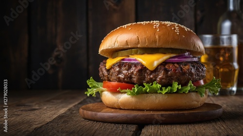 Sabrosa hamburguesa a la parrilla con queso cheddar derretido, lechuga crujiente, tomate jugoso, cebolla fresca y pepinillos en un pan de sésamo sobre una tabla de madera photo