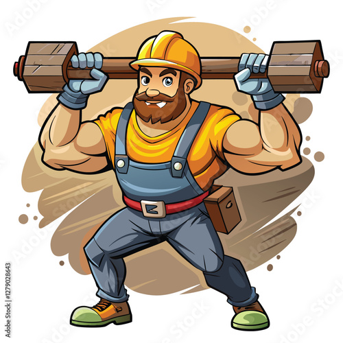 A muscular construction worker straining to lift a massive, heavy steel beam on a construction site.