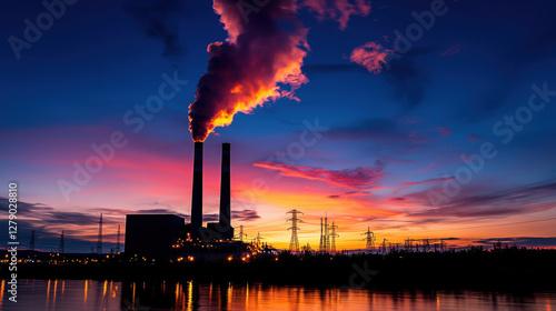 Futuristic clean coal technology at sunset with smoke photo