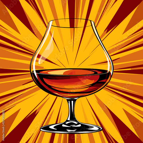 Cognac glass with bold pop-art explosion background, bright colored vector