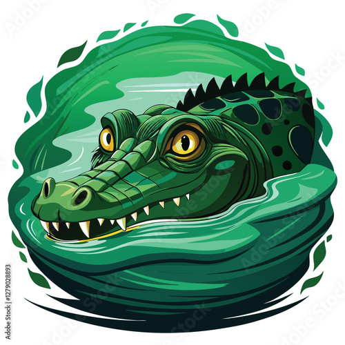 A close-up shot of a crocodile's eye peering above the murky water's surface, partially submerged, showcasing its reptilian texture and intense gaze.