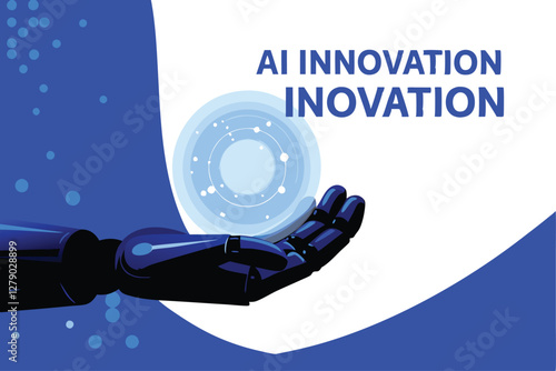 Design a futuristic banner showcasing AI innovation, featuring a sleek robotic hand holding a glowing microchip.  Emphasize technological advancement and progress.