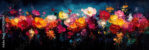 Vibrant oil painting of a colorful flower field.