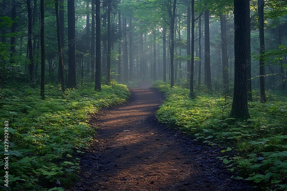 Obraz premium Misty Forest Path in the Morning Light