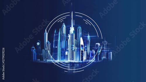 Futuristic city skyline digital illustration, urban design, glowing skyscrapers, abstract circular graphic element