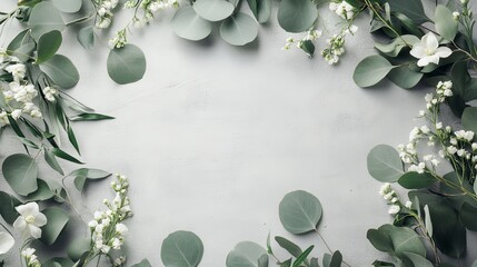 A delicate eucalyptus wreath with white flowers on a gray background