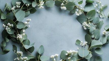 A delicate eucalyptus wreath with white flowers on a gray background