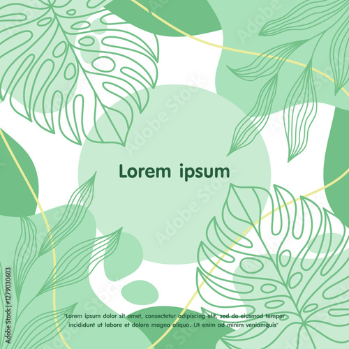 Minimalist abstract background with tropical leaves, floral and botanical elements. and hand drawn liquid organic shapes. pastel green colors. vector illustration template design