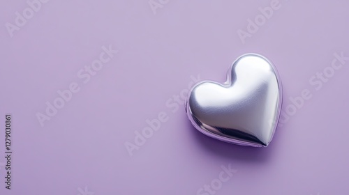 A single silver heart lies on a soft purple background