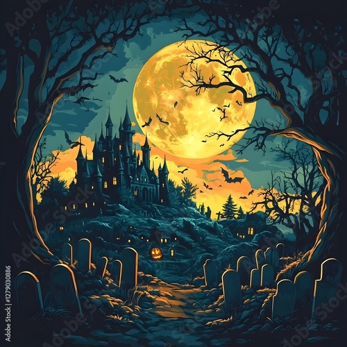 Spooky Halloween Night with Shadowy Castle Glowing Full Moon and Howling Wolf near Scattered Gravestones in a Mysterious Gothic Landscape