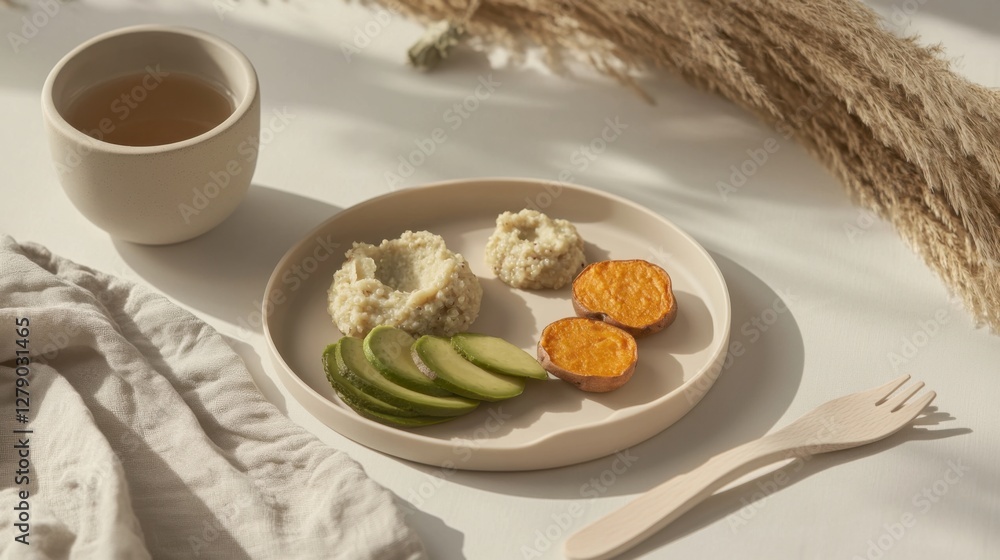 Beige mom toddler’s wholesome meal in minimalist, eco-conscious presentation. Smooth silicone plate holds small portions of mashed sweet potatoes, avocado, quinoa patties Beige mom toddler’s wholesome meal in minimalist, eco-conscious presentation. Smooth silicone plate holds small portions of mashed sweet potatoes, avocado, quinoa patties