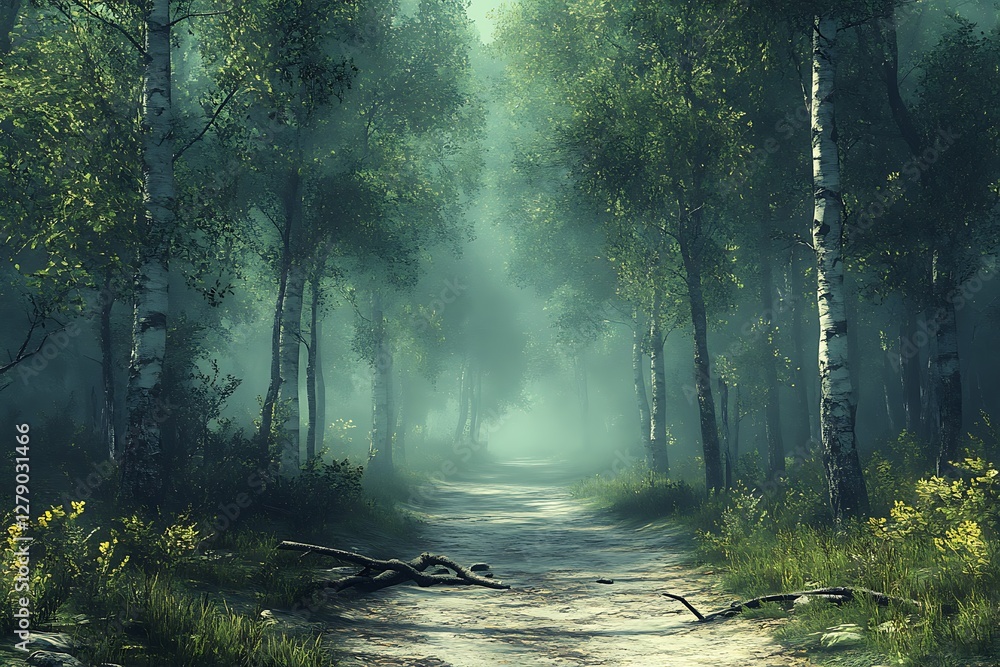Obraz premium Misty Forest Path - A Serene Woodland Scene