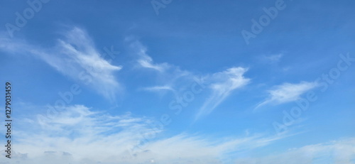  Sky Blue and white cloud, Thin clouds floating.  Clear blue sky with some clouds.Elegant empty blue background.  Horizon Spring, Clear Sky. Sky is very bright and the sun is shining. Beauty of nature