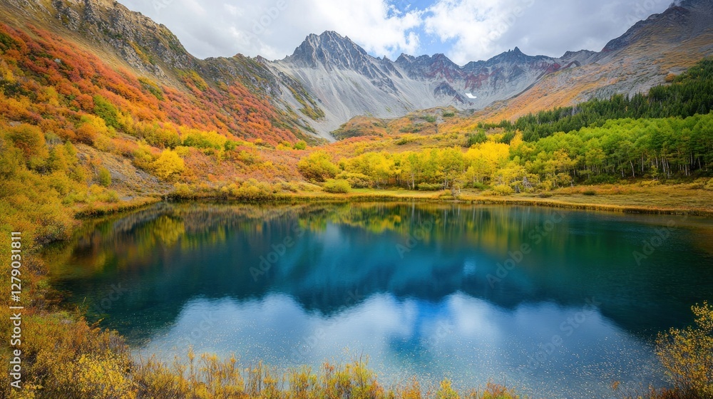 Obraz premium Autumnal Lake Reflecting Majestic Mountain Peaks