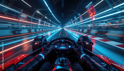 Harnessing the thrill of velocity, this futuristic racing car speeds down a neon-lit track, illuminating the night with vibrant colors as the driver grips the wheel tightly