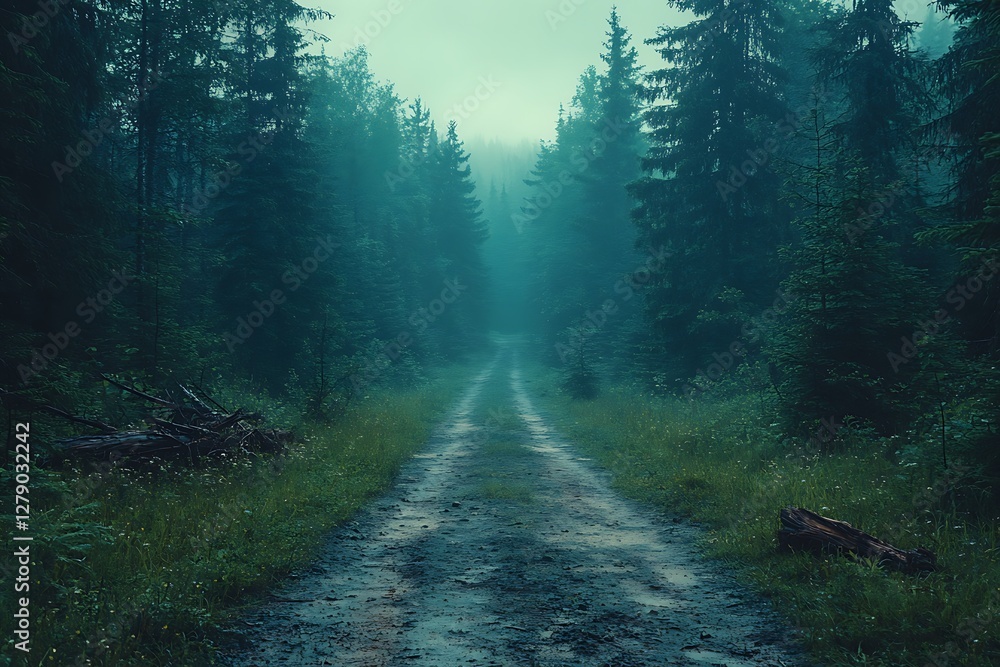 Obraz premium Misty Forest Path Leads into the Unknown