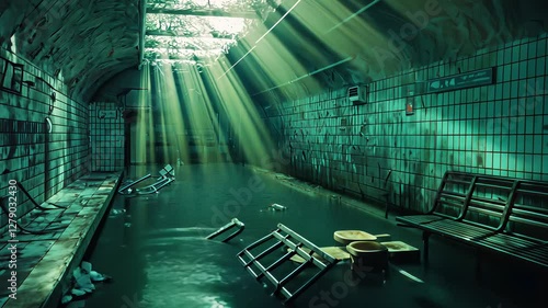 Abandoned underground station filled with water reflecting sunlight in a desolate atmosphere