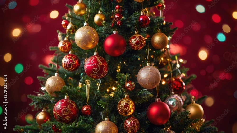 Christmas tree decorated with red and gold ornaments in a festive setting during the holiday season Christmas tree decorated with red and gold ornaments in a festive setting during the holiday season