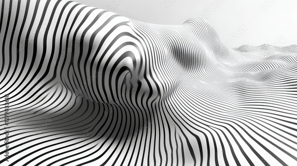 Abstract Black and White Striped Pattern Creates Wavy Surface in Minimalistic Style Abstract Black and White Striped Pattern Creates Wavy Surface in Minimalistic Style