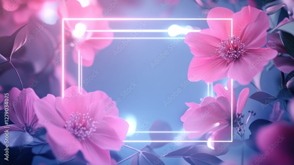 Fototapeta premium Modern wedding invitation with pink flowers and glowing line technology frame background wallpaper AI generated image