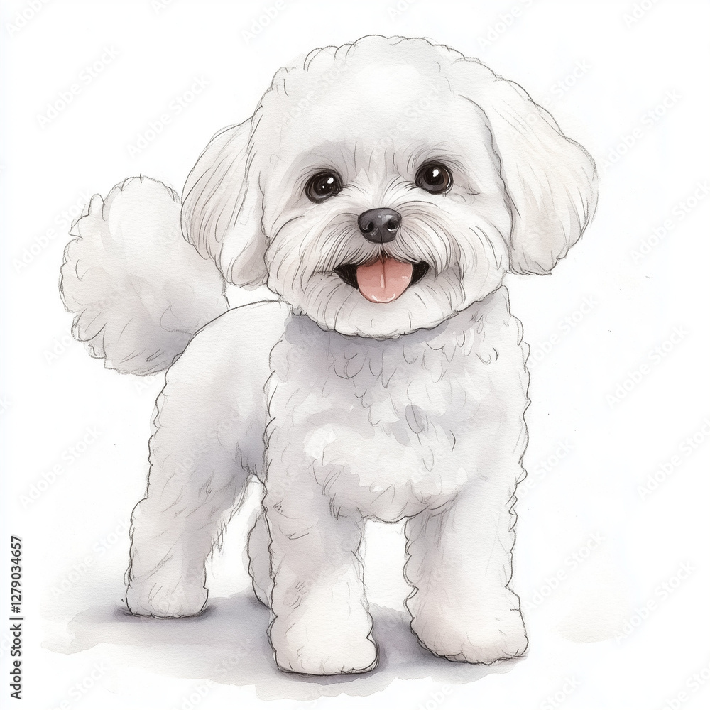 Illustration of the Bichon a poil frise dog, soft watercolor tones, white background, detailed illustration, cartoonish. Illustration of the Bichon a poil frise dog, soft watercolor tones, white background, detailed illustration, cartoonish.