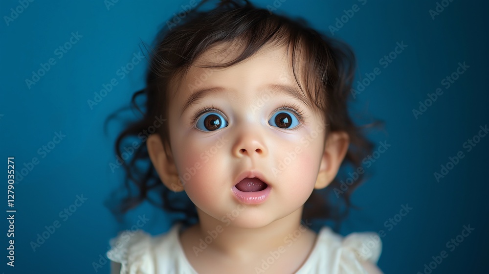 Curious baby gazing in awe studio setting portrait photography bright blue background Curious baby gazing in awe studio setting portrait photography bright blue background