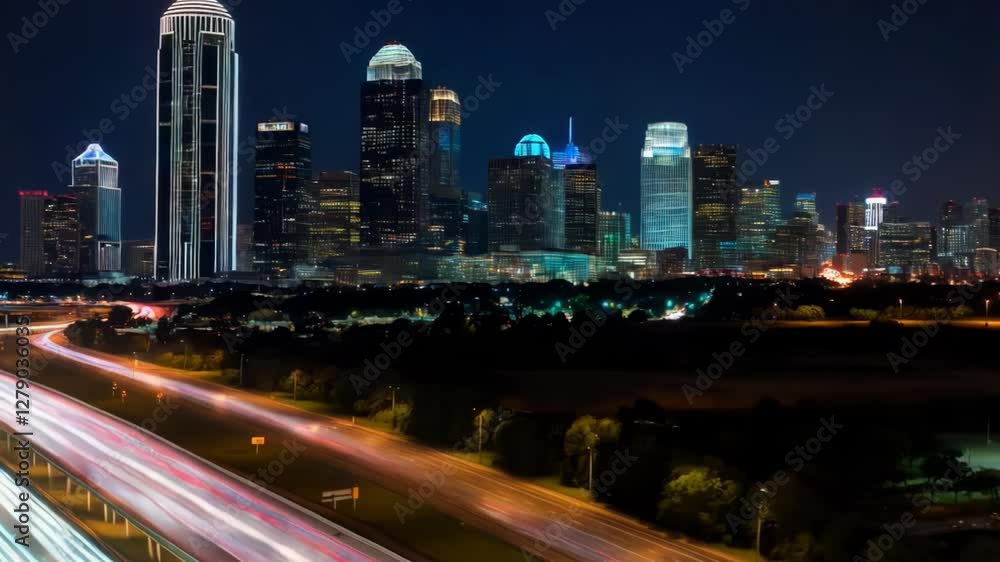 Dallas Skyline at Night Time-lapse. a time-lapse of the Dallas, Texas skyline at night with traffic light streaks on the highway and buildings in the background Dallas Skyline at Night Time-lapse. a time-lapse of the Dallas, Texas skyline at night with traffic light streaks on the highway and buildings in the background