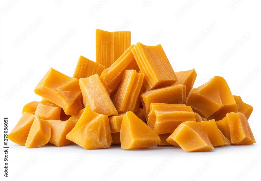 Vibrant Yellow Caramel Candy Pieces on a White Background Vibrant Yellow Caramel Candy Pieces on a White Background