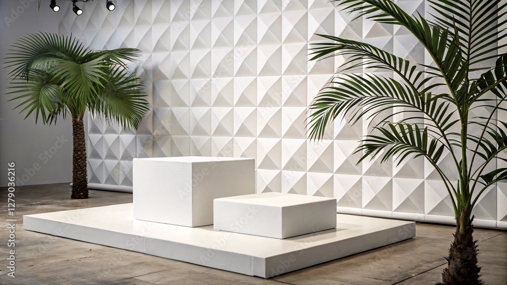 Fototapeta premium Minimalist Display with Palm Plants: Modern Interior with White Textured Wall
