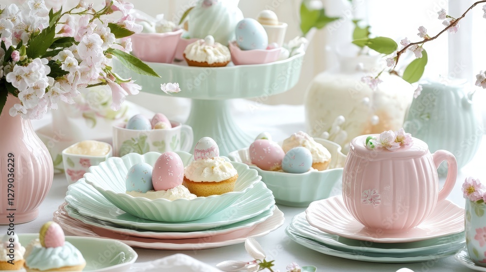 A joyful Easter brunch setup with pastel plates, spring flowers, and festive treats A joyful Easter brunch setup with pastel plates, spring flowers, and festive treats