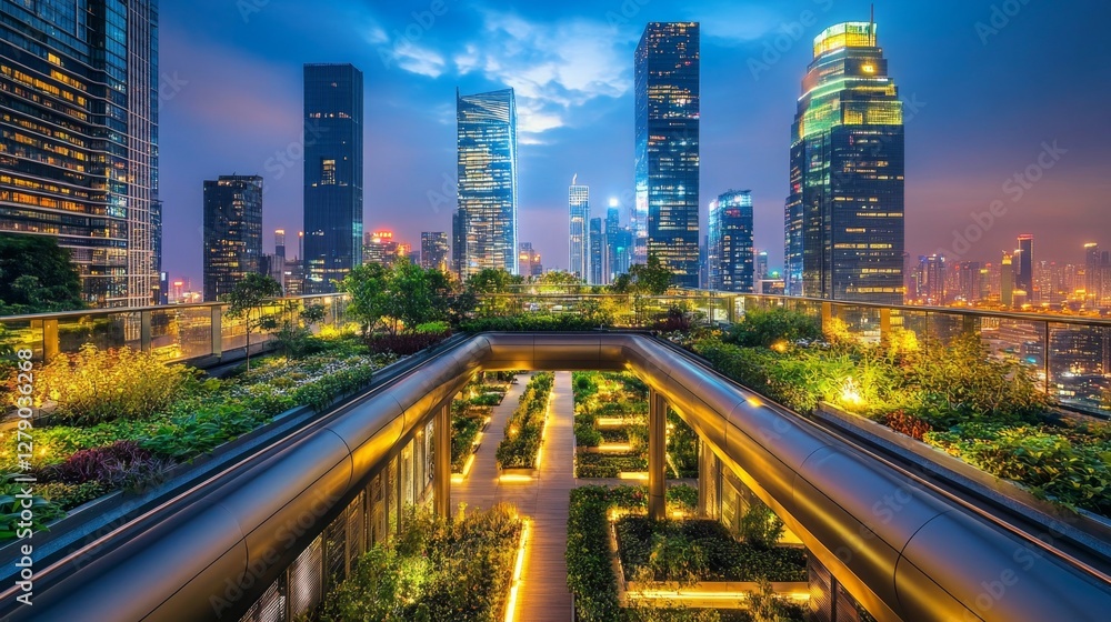 Obraz premium Elevated walkways above rooftop gardens with glowing city lights below, offering stunning views of the modern city as skyscrapers light up the night sky
