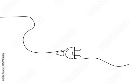 Continuous line art plug energy power storage electric rechargeable supply, One continuous line drawing of plug inserting into electric outlet. Power socket energy disconnect in simple linear style.