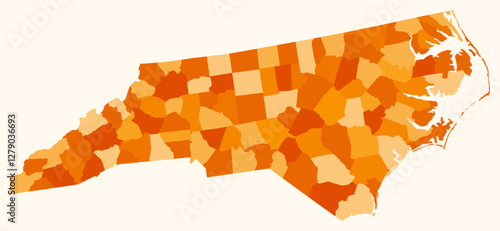 Map of North Carolina with counties. Just a simple state border map with county division. Orange color palette. Plain State of North Carolina shape with administrative division. Vector illustration.