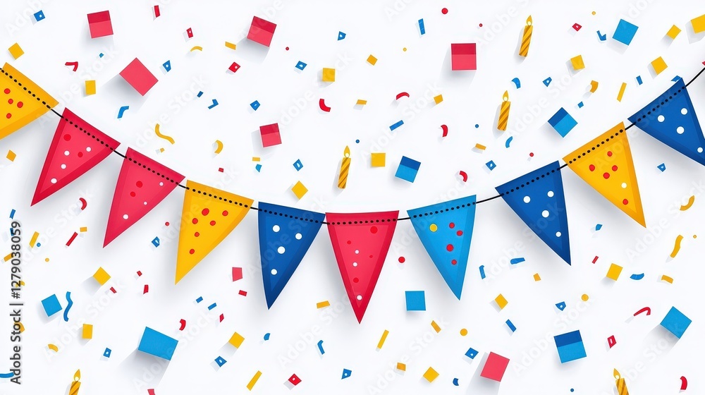 Obraz premium Colorful Festive Bunting with Confetti on White Background for Celebration Themes