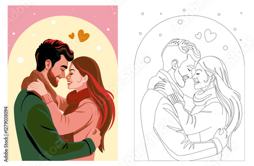 Valentine's day greeting card with coloring page. A couple in love hugs, smiles and about to kiss. Cute cartoon vector illustration of romantic relationships for coloring book. Line art design