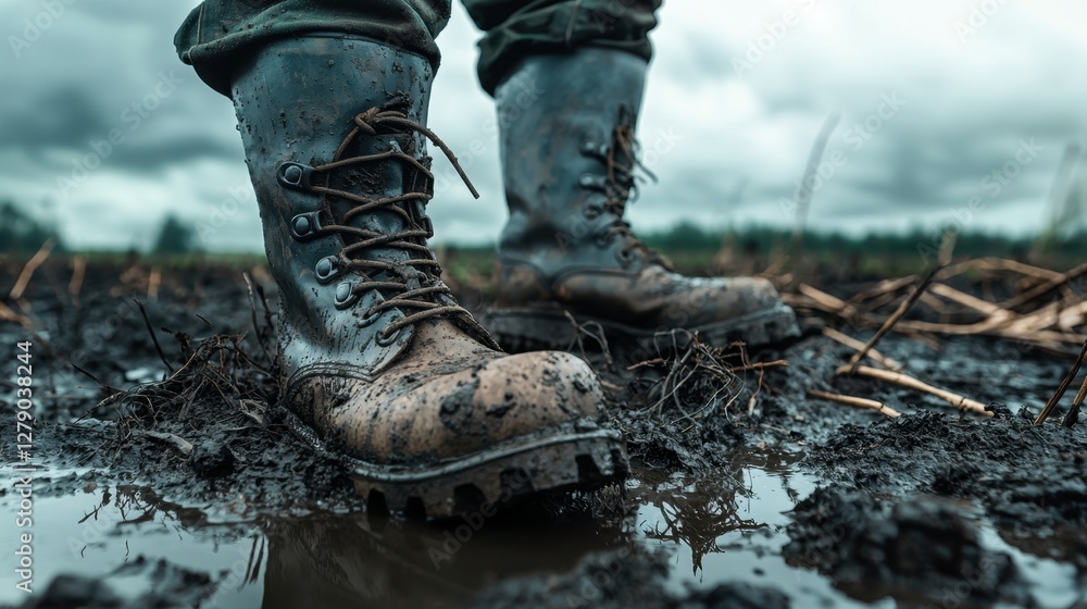 Close-Up of Muddy Work Boots Standing in Wet Soil with Surrounding Agricultural Landscape and Dramatic Overcast Sky Close-Up of Muddy Work Boots Standing in Wet Soil with Surrounding Agricultural Landscape and Dramatic Overcast Sky