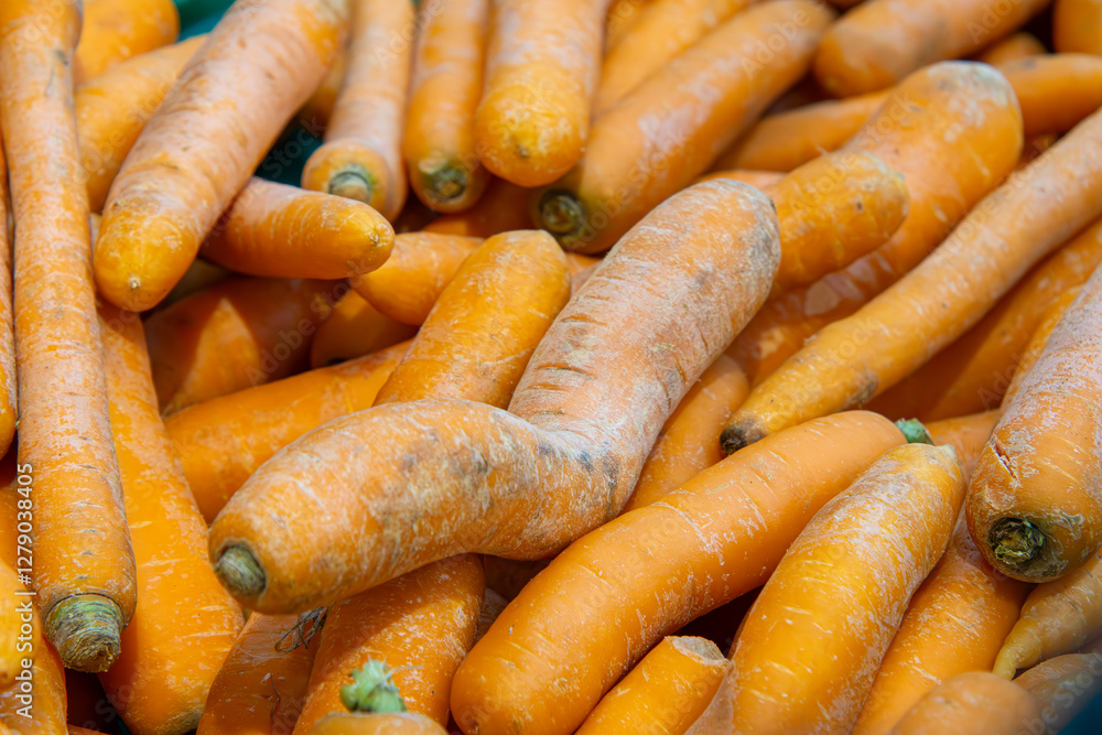 orange carrots on the shelf in the store lying in a pile in a crate. orange carrots on the shelf in the store lying in a pile in a crate.