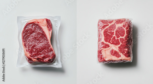 Meat packaging design, one piece of beef in a black tray and another steak wrapped in plastic wrap on a white background